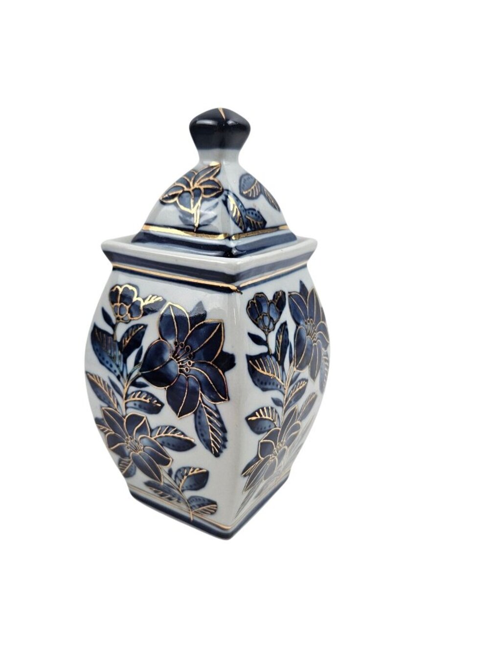 Vintage Blue White Porcelain Tea Caddy Ginger Jar Gold Detail Floral Decor